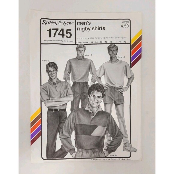 Mens Rugby Shirt Pattern Stretch & Sew 1745 Uncut 1980's VTG Sizes 34" to 48" - Picture 2 of 6